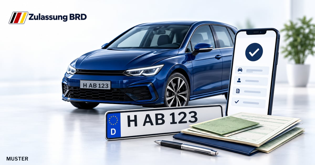 Online Fahrzeugzulassung in Lehrte: Musterkennzeichen H AB 123, Auto und Fahrzeugpapiere und Smartphone. Illustration mit Logo von Zulassung BRD.